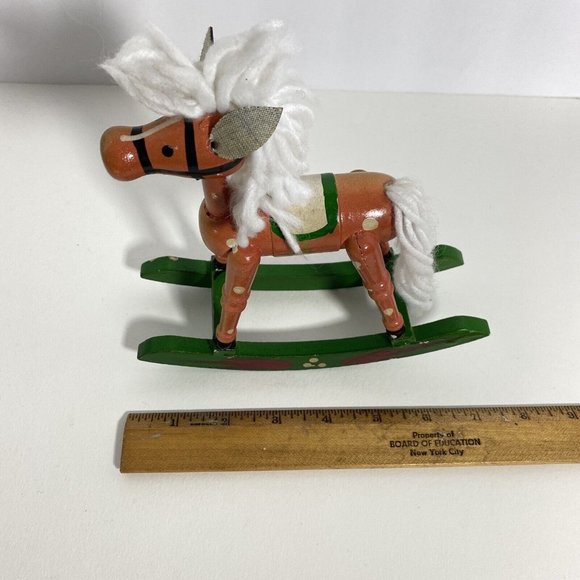 Christmas Rocking Horse Wood Vintage Figure Miniature White Green Brown 7in Tall - Picture 6 of 7